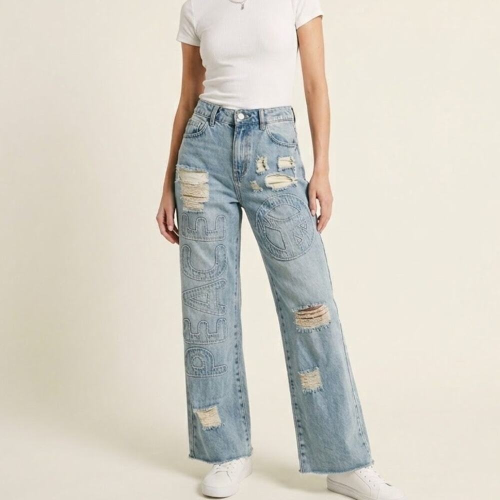 Oli Hali Peace Patch Wide Leg Jeans Women's S Light Wash Distressed Destroyed